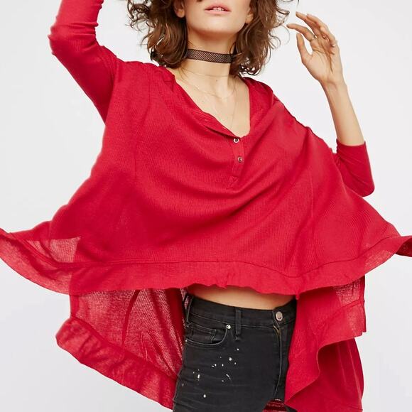 Free People Benedict Henley Strawberry Red Waffle Knit Oversized Hi Low Tunic - Picture 3 of 16